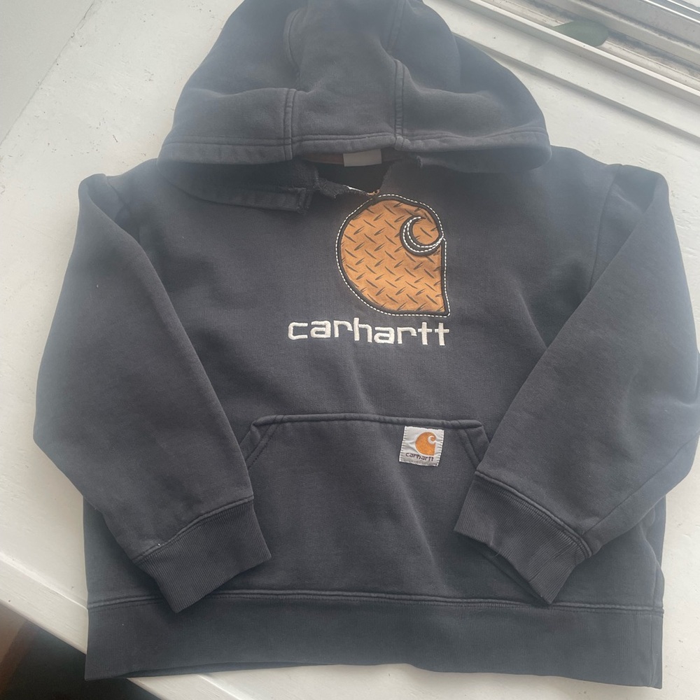 Carhartt Charcoal and Tan Logo Sweatshirt Hoodie Yourh S 8/10 Boys